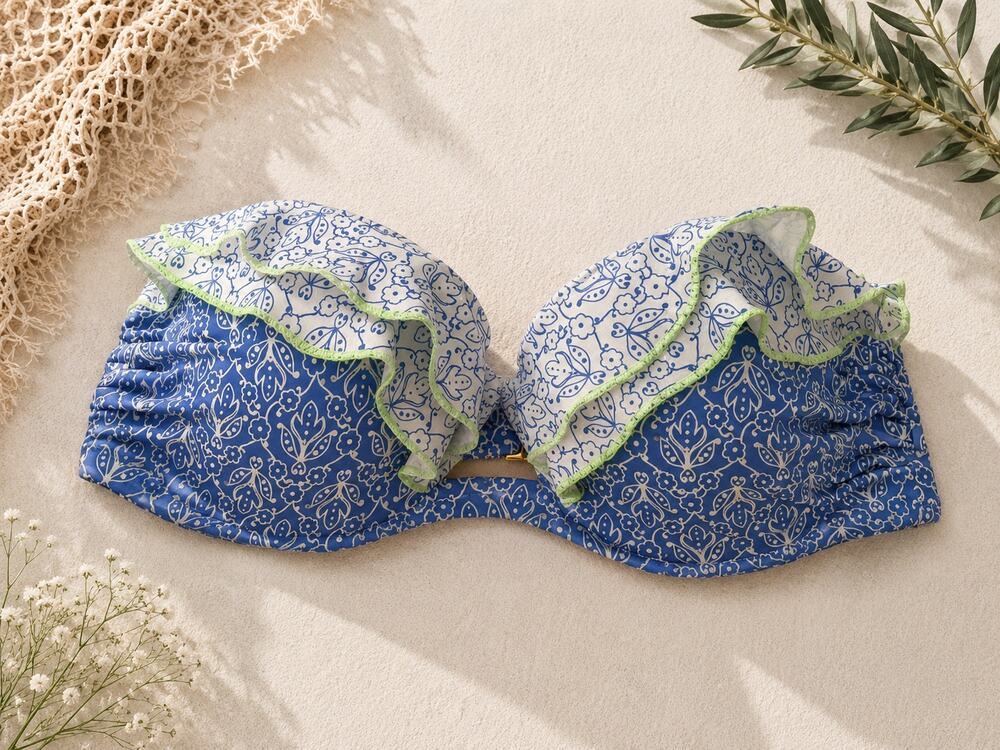 Victoria's Secret Women's Strapless Ruffle Bandeau Bikini Top Blue White SZ 34C